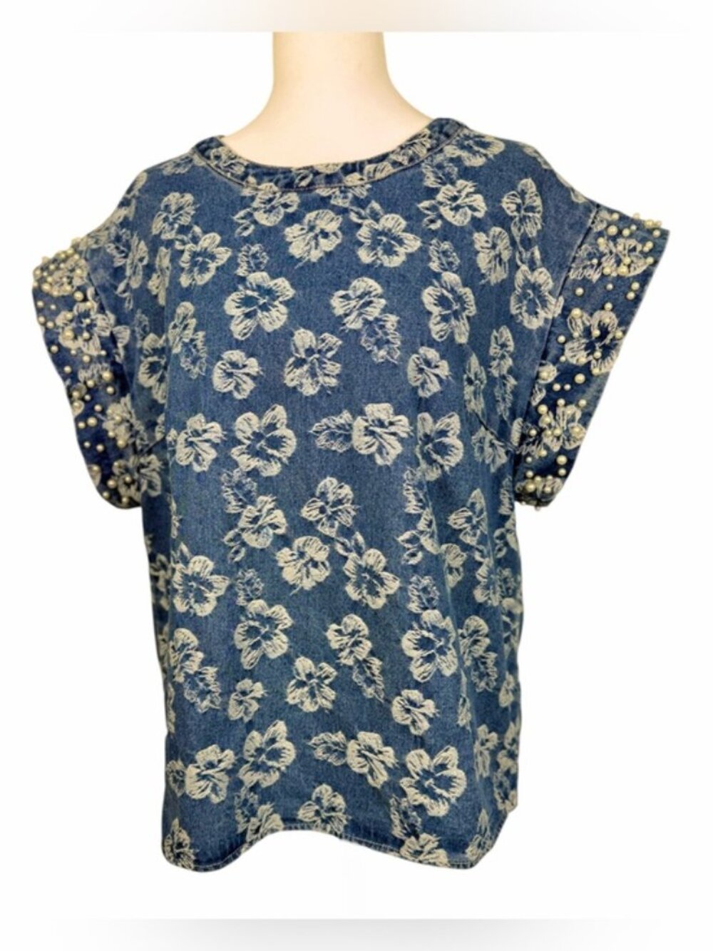 BiBi Floral Denim Chambray Top Pearl Beaded Ruffle Sleeve Boho Western Size S - Picture 2 of 12